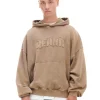 Beżowa bluza hoodie z efektem sprania