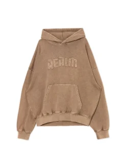 Beżowa bluza hoodie z efektem sprania
