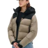 Beżowa kurtka puffer z czarnym karczkiem