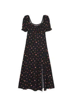 Czarna sukienka midi w kwiaty